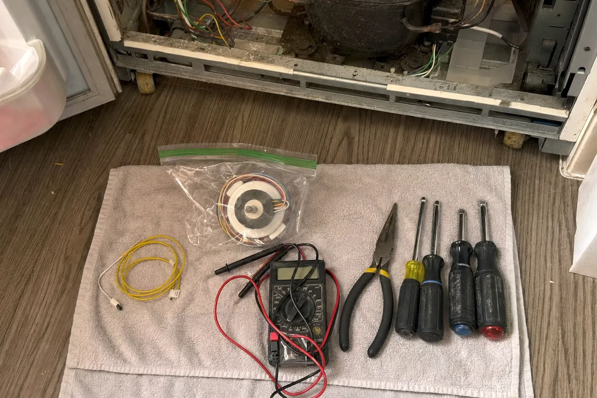 The machine compartment of a built-in with the grille off, condenser and fan exposed above a spread of hand tools