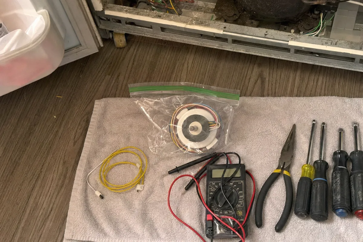 A sealed replacement part in its bag next to the multimeter and drivers used to fit it