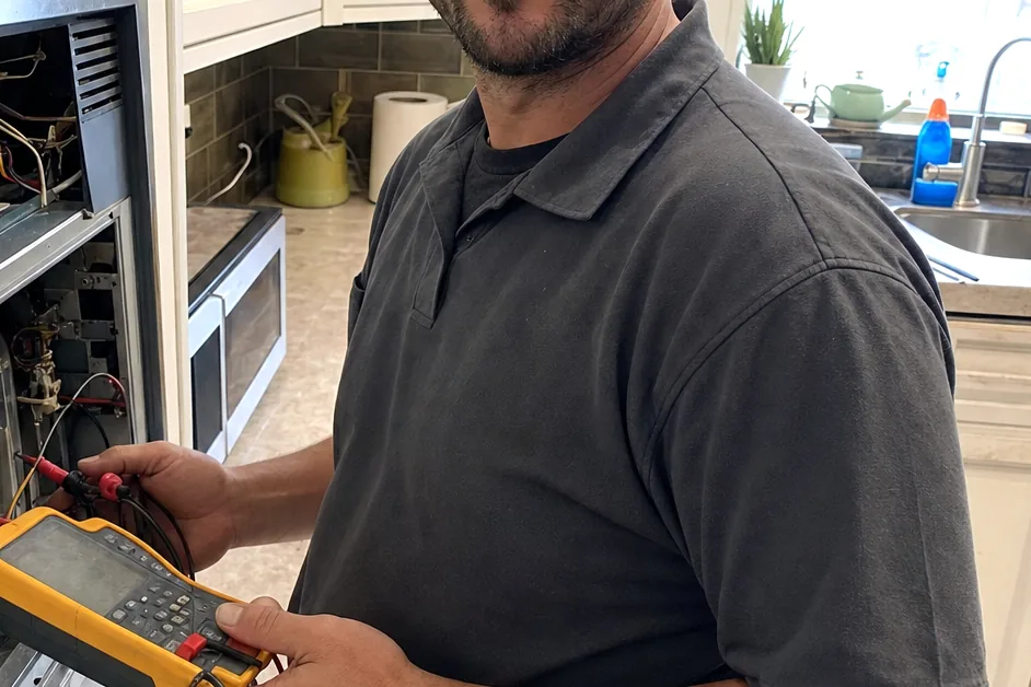 A technician holding a multimeter, turning from the appliance he is testing towards the room