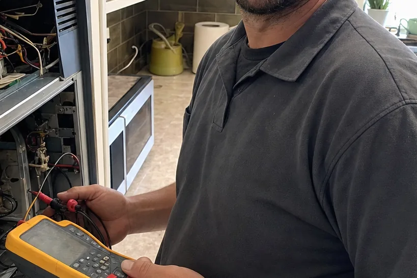 A technician standing at an open appliance cabinet with test leads across his fingers